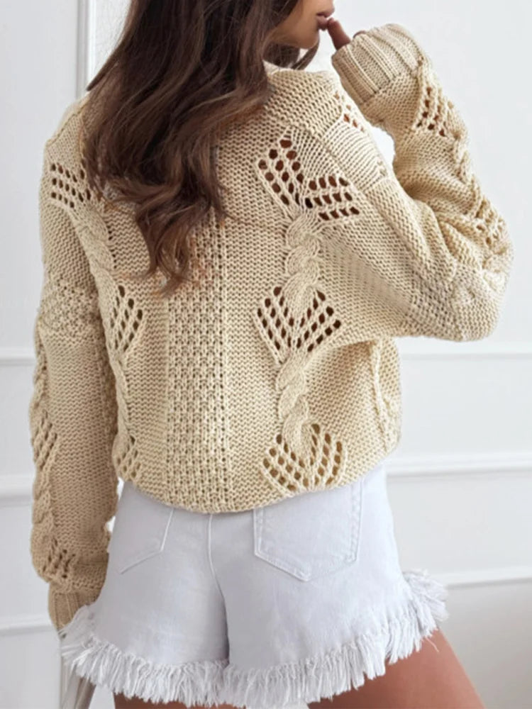 Deep V Hollow Out Crochet Knitted Cardigan Women Charming See Through Long Sleeve Single Breasted Tops Fashion Ladies Streetwear