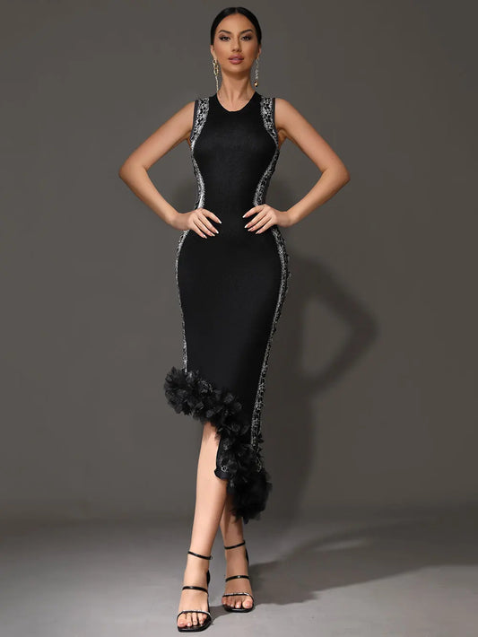 2024 Chic Women Heavy Industry Embroidery Patchwork Bandage Dress O-neck Sleeveless Bodycon Asymmetric Midi Dress Party Vestidos