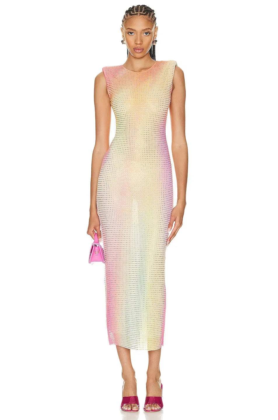 New Spring Women Sleeveless Sexy O-Neck Bodycon Shinning Rhinestones Long Mesh Dess Celebrate Nightclub Party Birthday Dress Orange