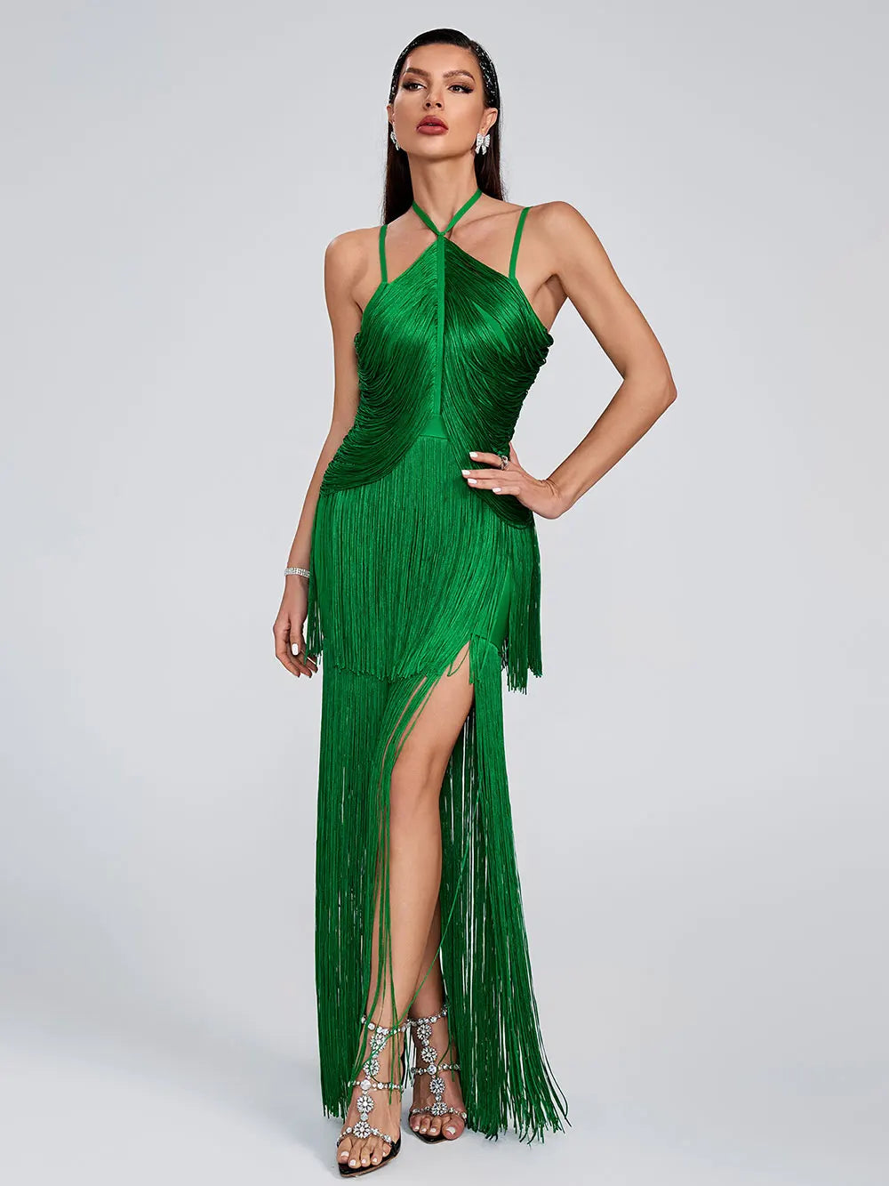 Women Tassel Design Bandage Long Dress Hanging Neck Sleeveless Bodycon Backless Dress Celebrity Evening Club Party Vestidos green