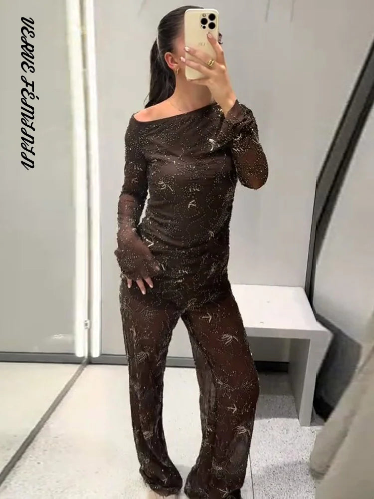Women's 2 Pcs Suits Sequined Embroidery Shining Top Pants Sets Autumn 2025 Asymmetrical Tops Straight Trousers See Through Sets