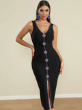 2025 Elegant Women's Water Diamond Button Design Bandage Dresses Camisole Sleeveless Bodycon Split Medium Length Dress Vestidos black