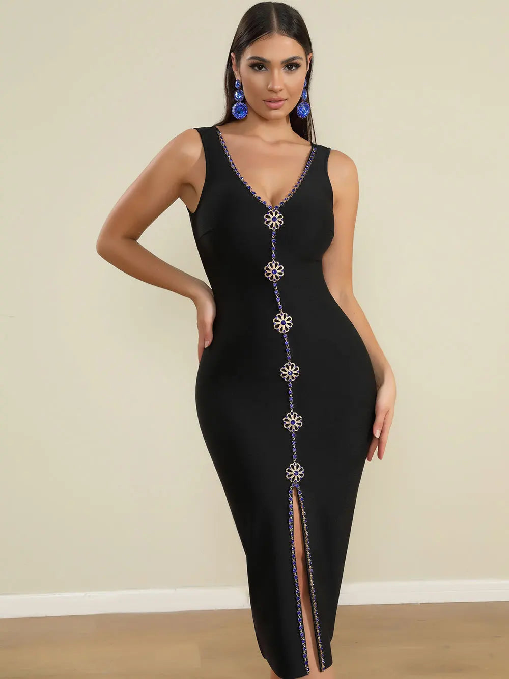 2025 Elegant Women's Water Diamond Button Design Bandage Dresses Camisole Sleeveless Bodycon Split Medium Length Dress Vestidos black