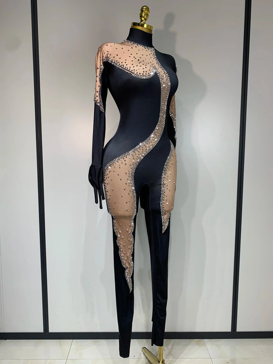 Fashion Sparkly Rhinestone Bodycon Bodysuit Female Singer Dancer Stage Perform Outfit Luxury Birthday Club Drag Queen Costume