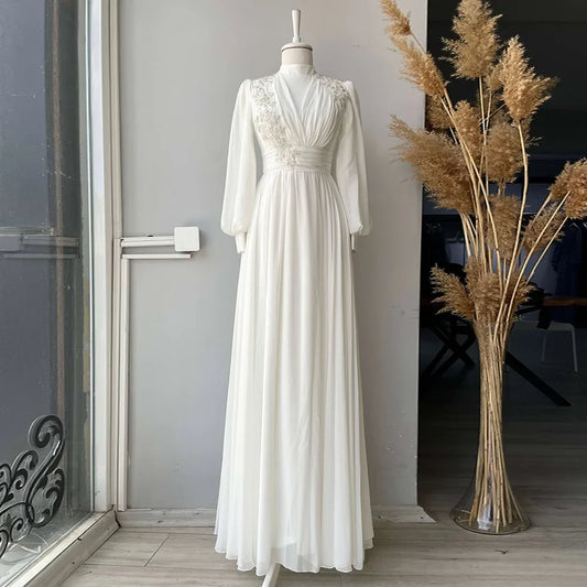 Muslim Wedding Party Gowns Lace Applique Beaded Chiffon Long Wedding Dresses For Women Full Sleeve Elegant vestido de novia CHINA