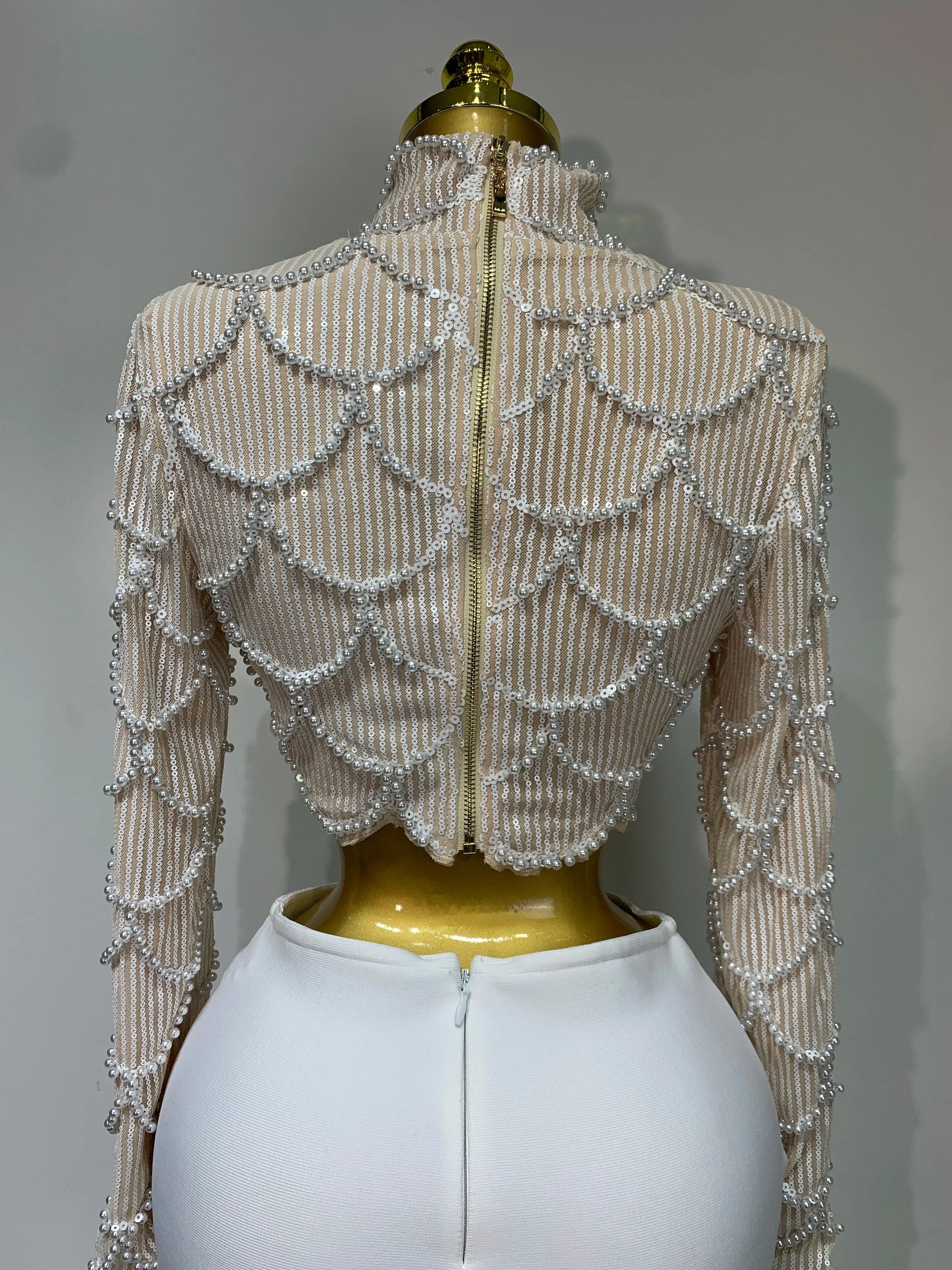 Women Long Sleeve Sexy Beading Tops Two Pieces Set Bodycon Long Bandage Dress Luxury Birthday Evening Party Wedding Guest Gowns