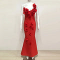 Red Color Women Sexy One Shoulder Florals Fashion Bodycon Long Bandage Dress Wedding Party Celebrate Birthday Cocktail Outfit