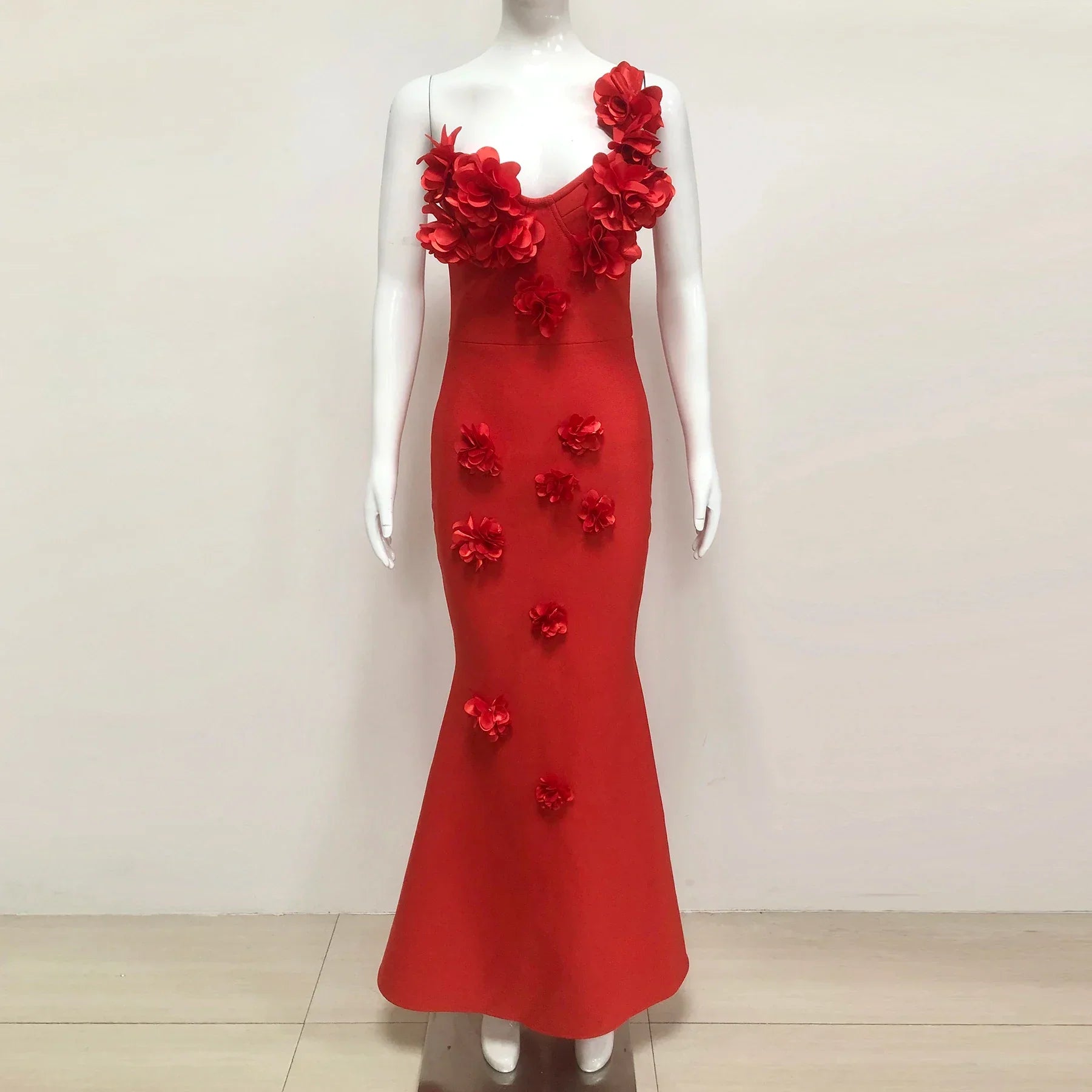 Red Color Women Sexy One Shoulder Florals Fashion Bodycon Long Bandage Dress Wedding Party Celebrate Birthday Cocktail Outfit