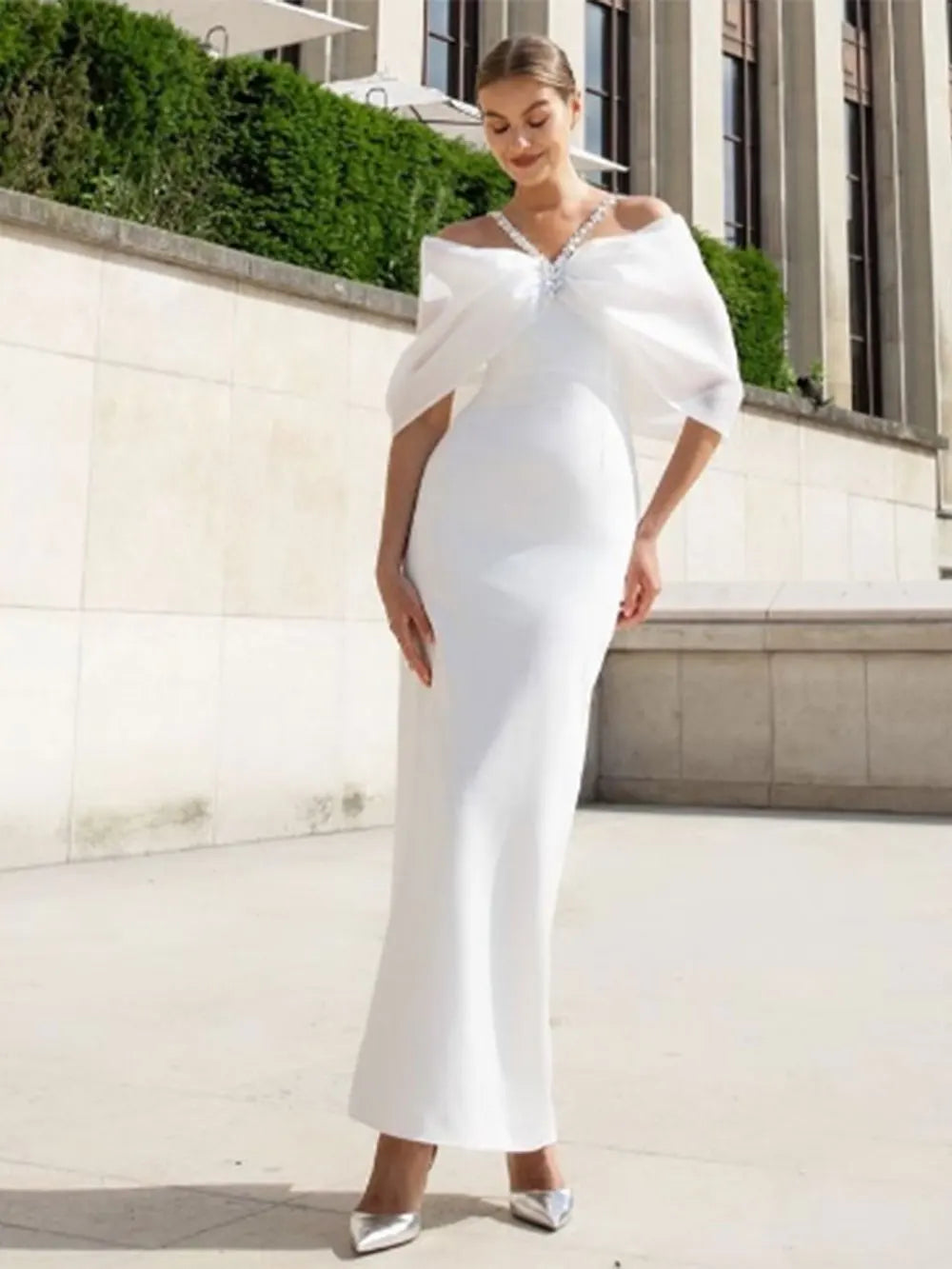 2024 Sexy Women Patchwork Bandage Dress Spaghetti Strap Rhinestone Design Shoulder Cinching Bodycon Backless Long Dress Vestidos WHITE