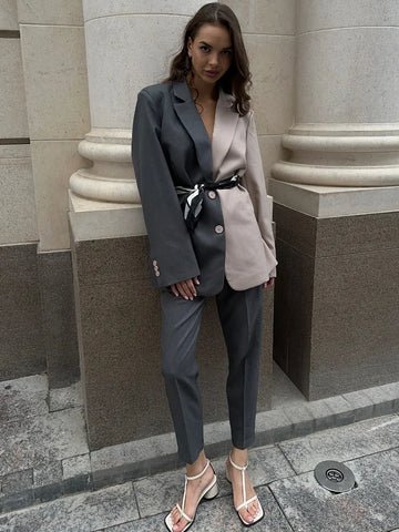 Patchwork Suit Jacket Pants 2 Pcs Suits Women Elegant Lapel Long Sleeve Single Breasted Blazer Pencil Trousers Autumn New Outfit