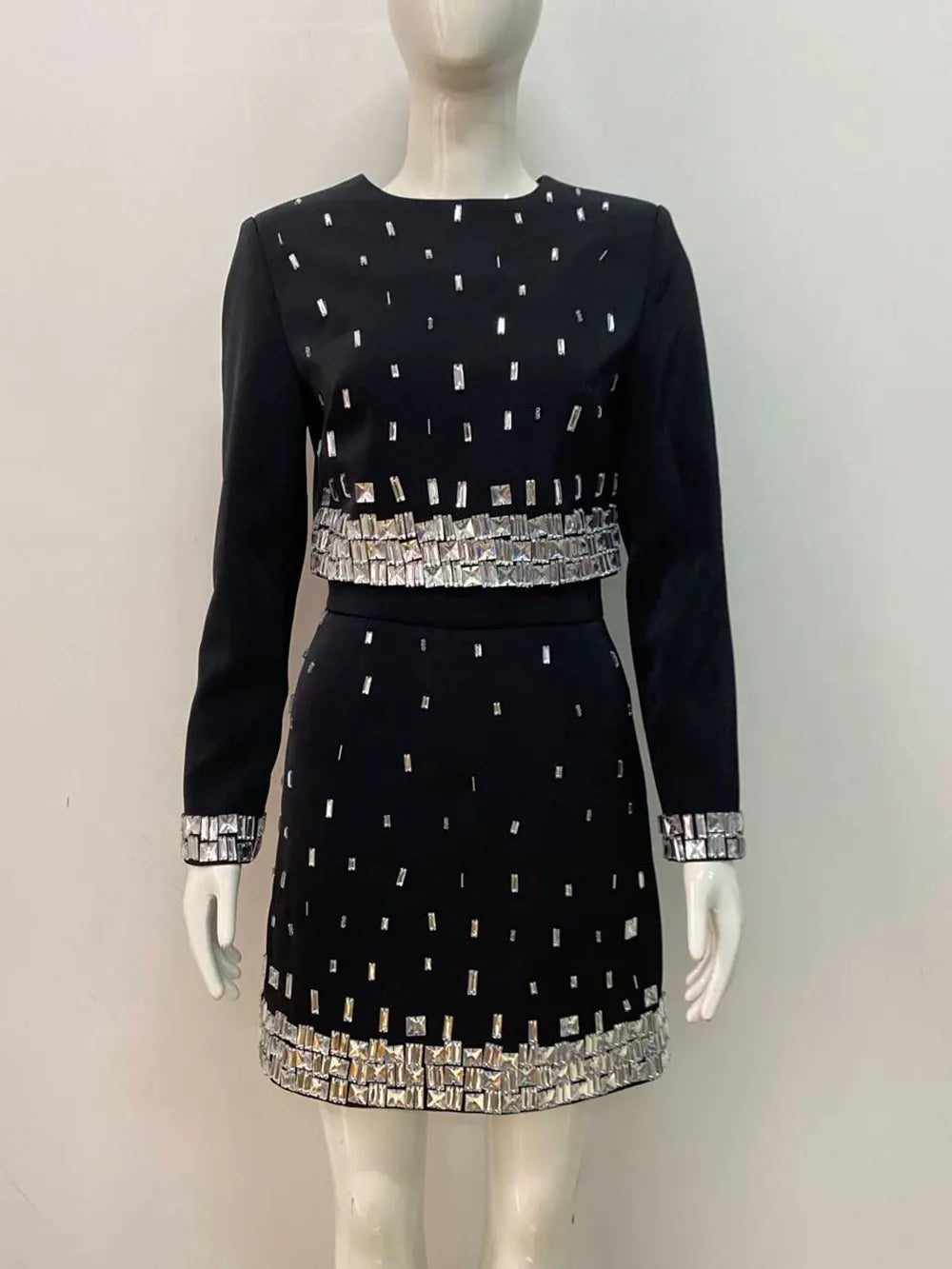Women's Wear Heavy Industry Beaded Design Mini Skirt Sets Standing Neck Long sleeved Short Top+Short Skirt Two piece Set black