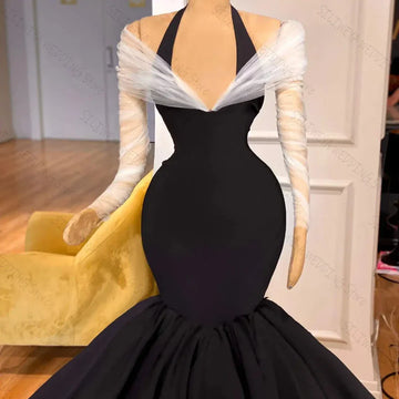 Black Elegant Halter Neck Mermaid Evening Dresses Off-The-Shoulder Floor-Length White Sleeves Gown Custom Vestidos De Gala