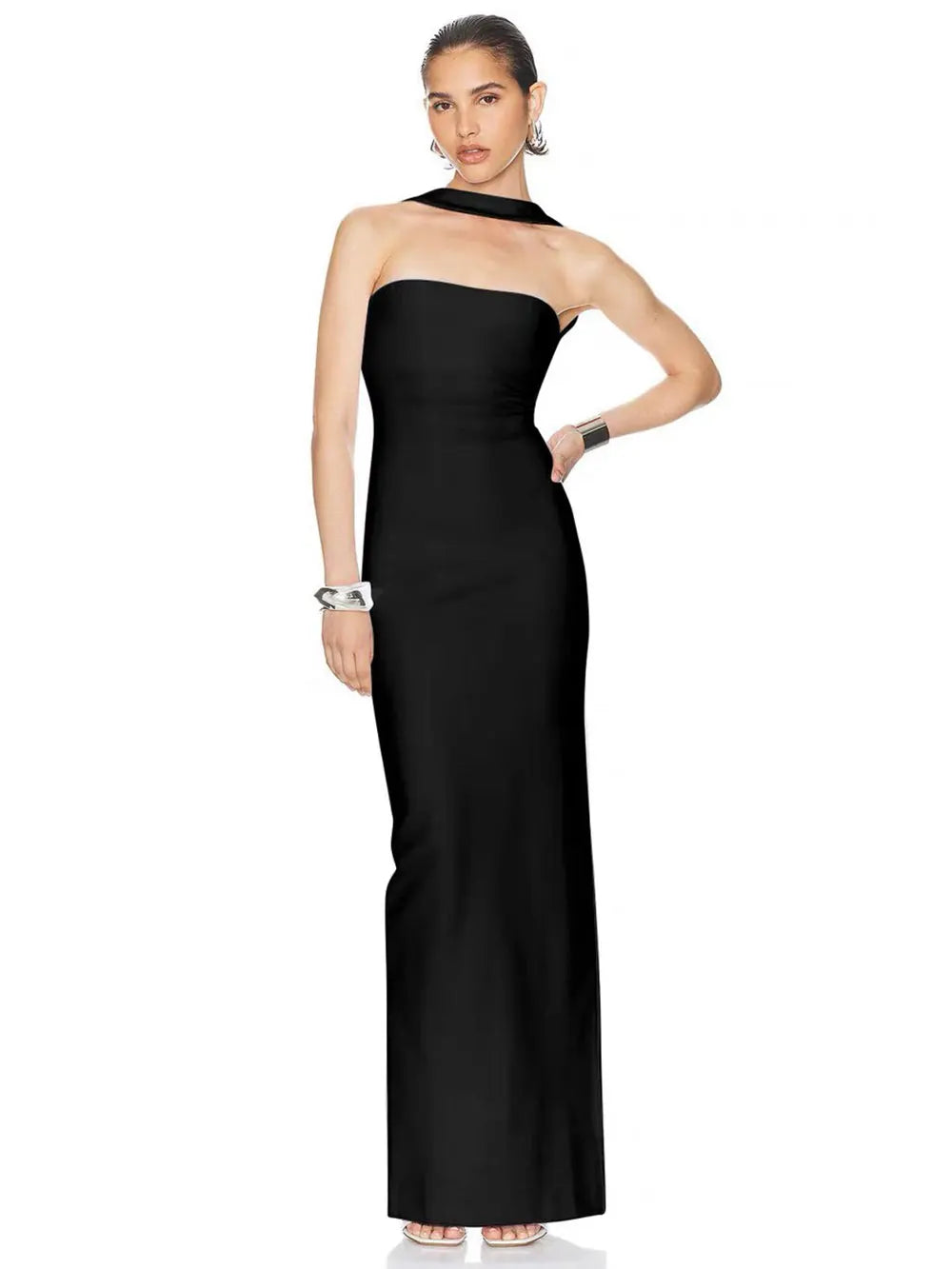 2024 2024 Winter Dress Sexy Women's Long Bandage Dress Hanging Neck Sleeveless Bodycon Backless Dresses Party Christmas Vestidos black