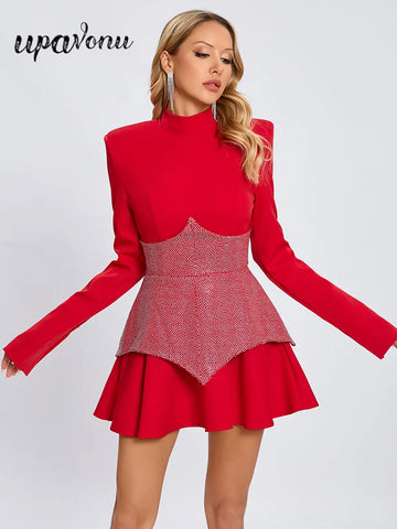 2024 Elegant Women'S Christmas Dress Pleated Mini Dress Stand Collar Long Sleeved Rhinestone Design Dress Cocktail Party Vestido