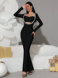 Women's Light Luxury Nail Diamond Design Fishtail Bandage Dress Strapless Long Sleeve Hollow Bodycon Black Long Dresses black