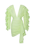 2022 New Yellow Green Women Butterfly Sleeve Sexy Deep V-Neck Bodycon Mini Dress Fashion Nightclub Party Dress