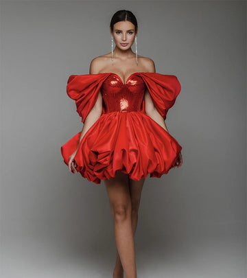 New Spring Red Color Women Sexy Strapless Ball Gowm Mini Shinning Sequins Dress Celebrate Birthday Party Christmas Dress