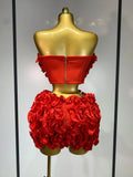 Women Sexy Strapless Red flower Top With Mini Skirt Bodycon Bandage Suit Celebrity Party Cocktail Birthday Two Pieces Set