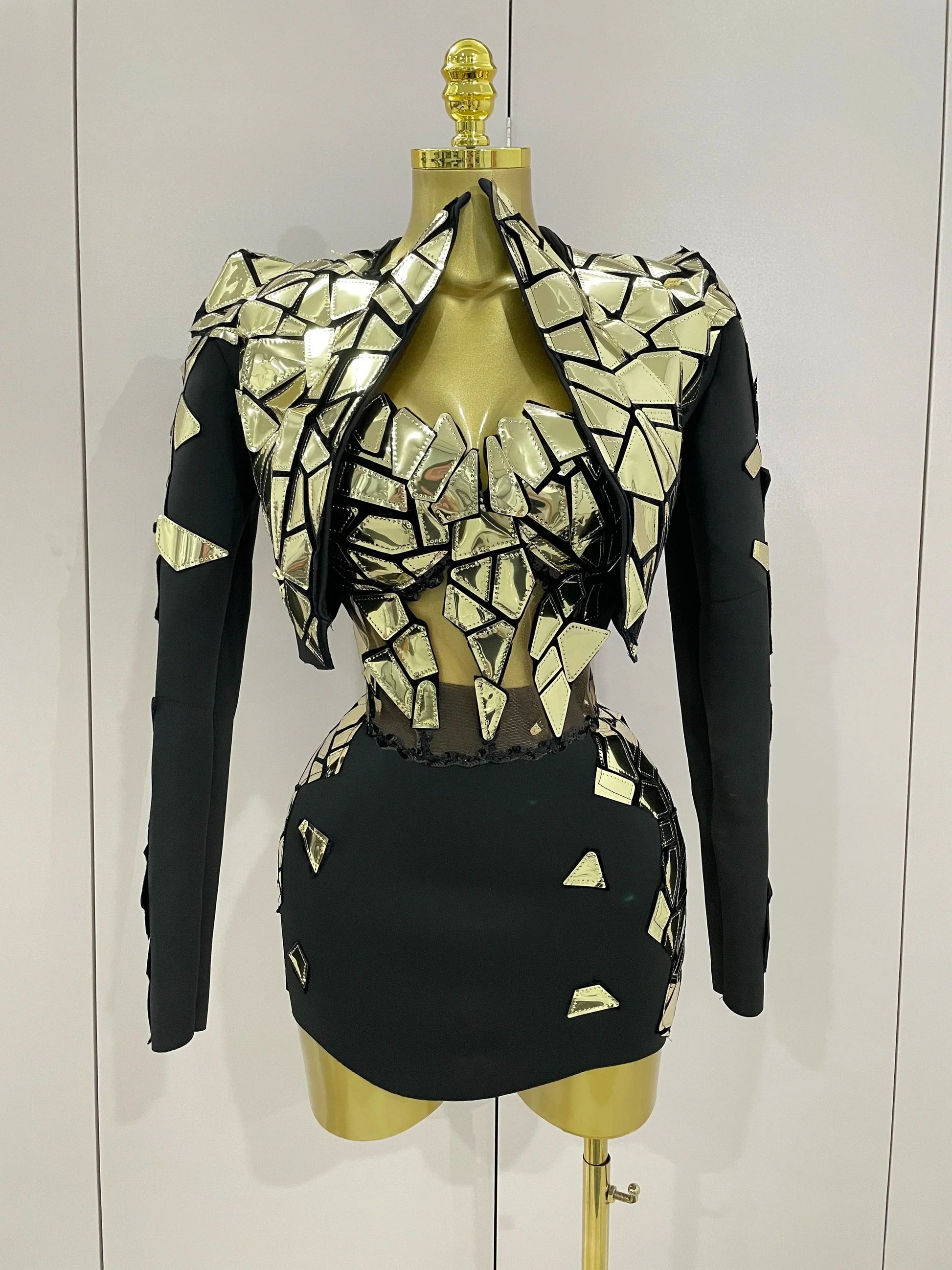 Women Sexy Pink Glitter Sequin Mirrors Short Skirt 3pcs Set Birthday Party Nightclub Queen Drag Stage Costume Gold