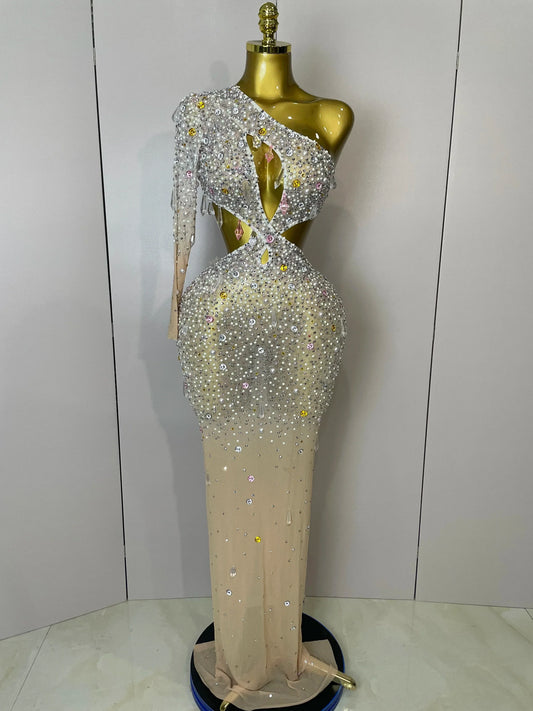 Women Sexy One Shoulder Hollow Out Big Crystal Bodycon Long Dress Celebrate Nightclub Party Bar Singer Birthday Dress MULTI