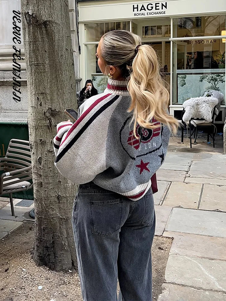 Panelled Striped Knitted Zipper Cardigans Women Elegant Stand Collar Lantern Sleeve Loose Autumn Winter Coats Chic Lady Knitwear