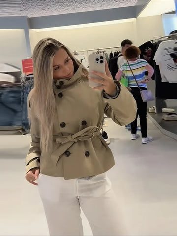 Elegant Solid Slim Women Jacket Stand Collar Long Sleeve Double Breasted Lace Up Patchwork Coats New Early Autumn Lady Outerwear