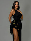 New Arrival Women Sleeveless Sexy O-Neck Florals Bodycon Bandage Long Dress Celebrate Evening Party Nightclub Birthday Dress black