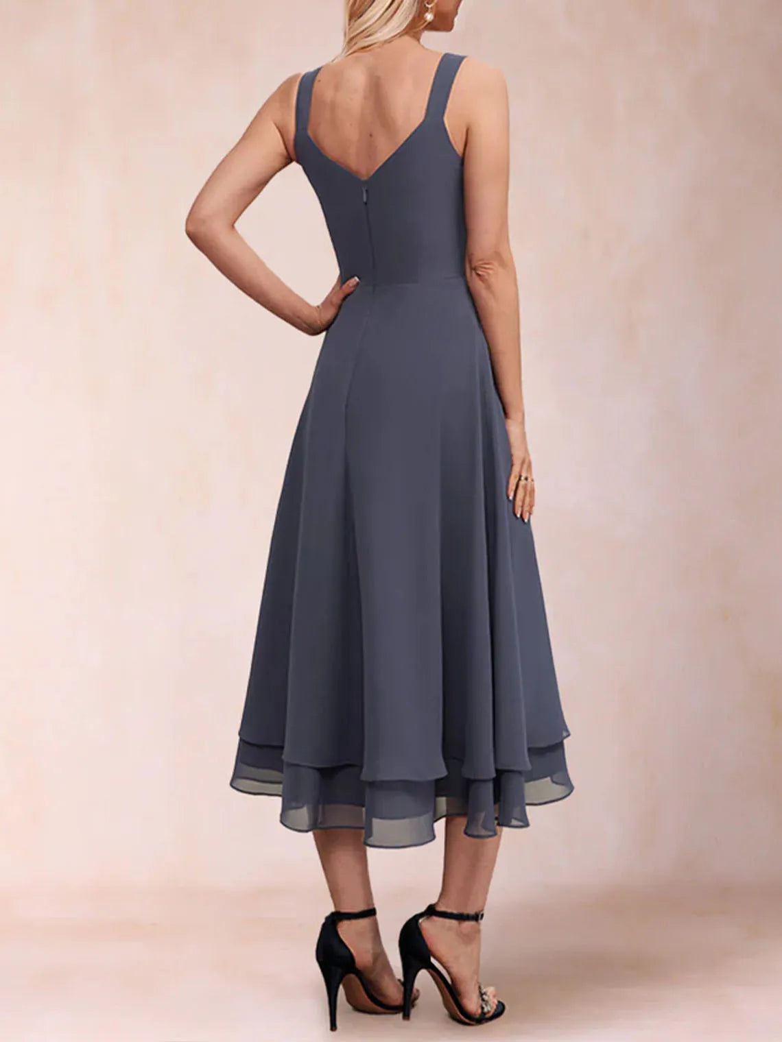 Mother Of The Bride Dress - Fashion A-Line Evening Dress Sleeveless V-Neck Chiffon Tea-Length Ruffles Lace Mother of the Bride Dress 2025 Free Customized