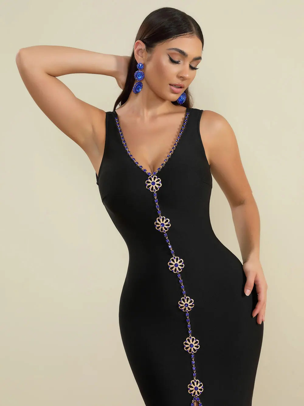 2025 Elegant Women's Water Diamond Button Design Bandage Dresses Camisole Sleeveless Bodycon Split Medium Length Dress Vestidos