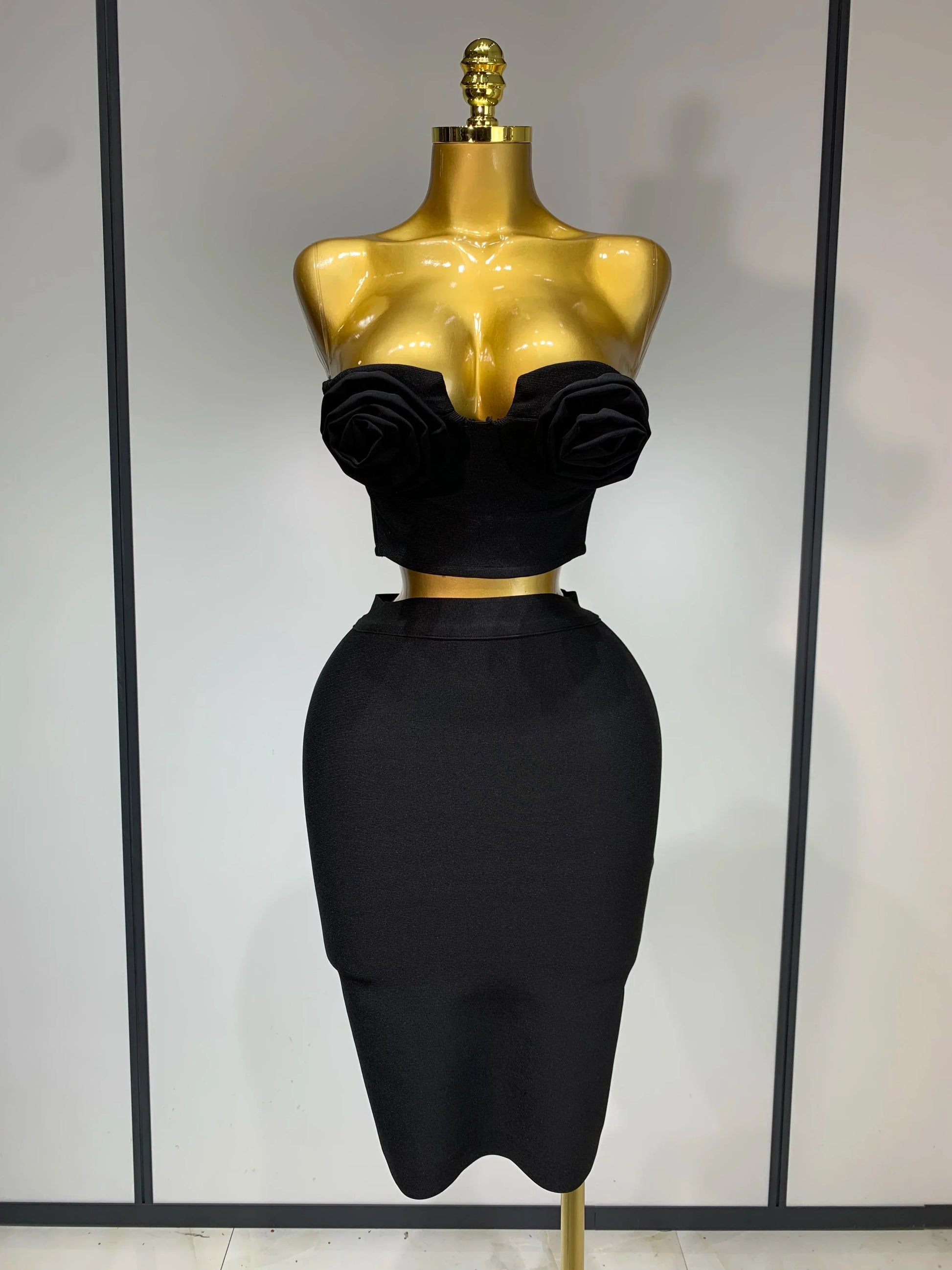 New Arrival Women 3D Flower Black Bodycon Bandage Two Piece Set Designer High Waist Evening Party Club Birthday Skirt Set black