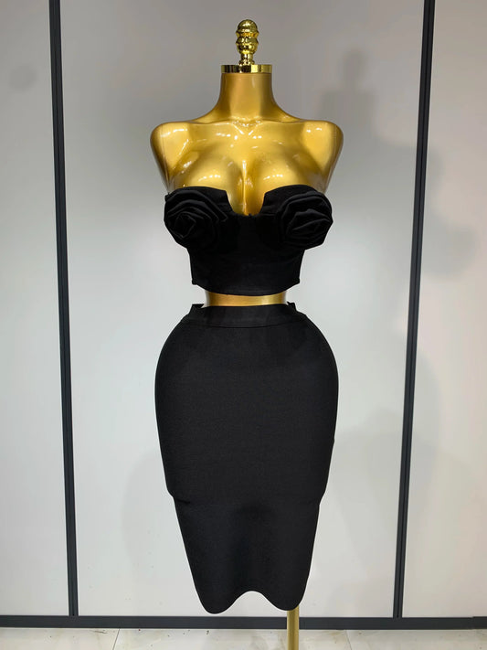 New Arrival Women 3D Flower Black Bodycon Bandage Two Piece Set Designer High Waist Evening Party Club Birthday Skirt Set black