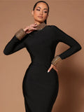 Black Color Women Long Sleeve Sexy Backless Golden Beading Bodycon Bandage Long Dress Fashion Celebrate Evening Party Dress