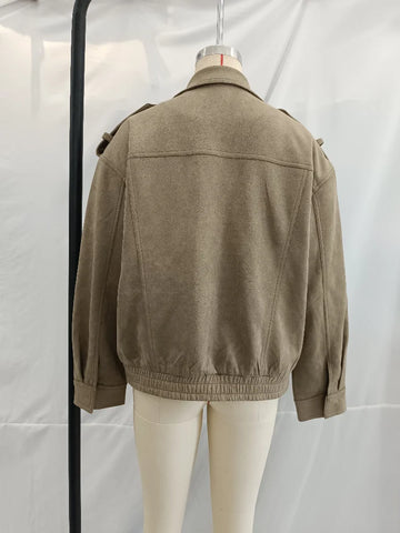 Street Solid Loose Women's Suede Coats Stand Collar Long Sleeve Zipper Pockets Patchwork Jacket New Fashion Lady Locomotive Tops