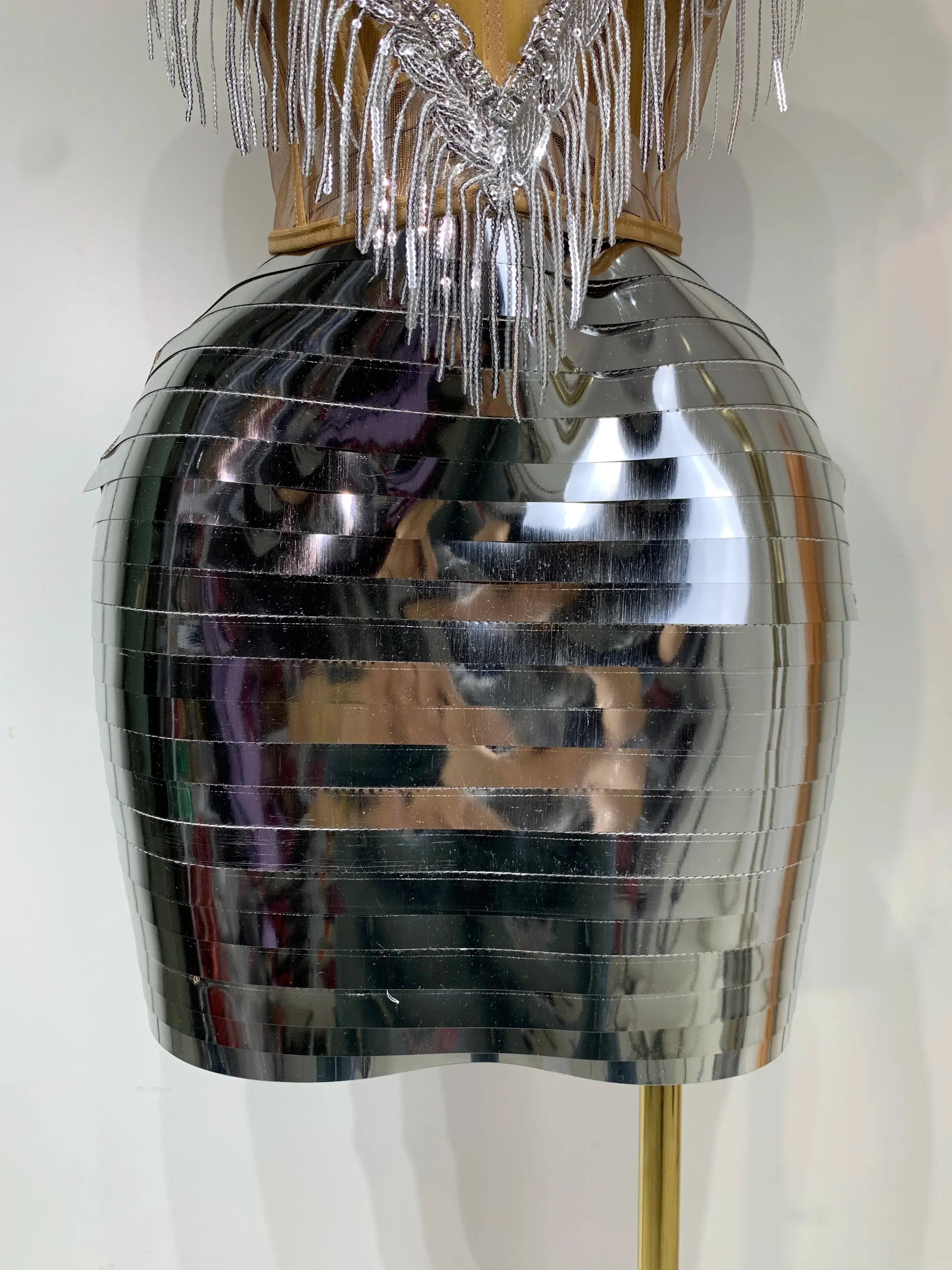 Sparkly Sliver Rhinstones tassels Top Skirt Two Piece Set Women Sexy Strapless Nightclub Birthday Evening Party Stage Outfit