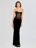 Women'S Sling Velvet Long Dress Sexy See Through Lace Slim Fishbone Dress Elegant Celebrity Evening Party Gowns