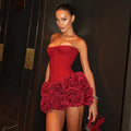 Stereoscopic Flowers Back Laceing Strapless Red Bandage Mini Evening Dress Sweet Woman Birthday Party Dress Performance costume Red