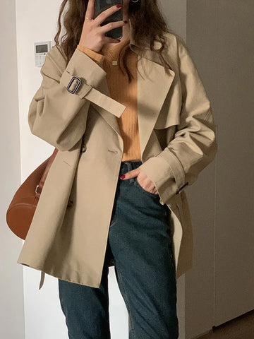 2025 Autumn Lapel Trench Coat Women Chic Casual Korean Loose Double Breasted Windbreaker Sash Overcoat Streetwear Female Jacket
