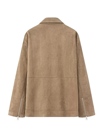 Lapel Slanting Placket Zipper Suede Bomber Jacket Women Street Turn-down Collar Long Sleeve Loose Coats Fashion Ladies Outerwear