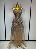 Women Sexy Strapless Mesh See Through Crystal Maxi Dress Evening Party Singer Stage Performance Costume Luxury Birthday Dress camel