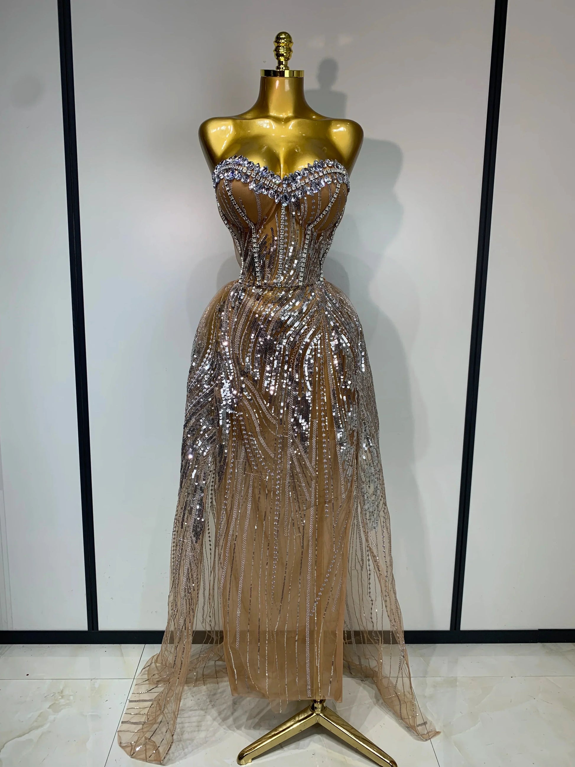 Women Sexy Strapless Mesh See Through Crystal Maxi Dress Evening Party Singer Stage Performance Costume Luxury Birthday Dress camel
