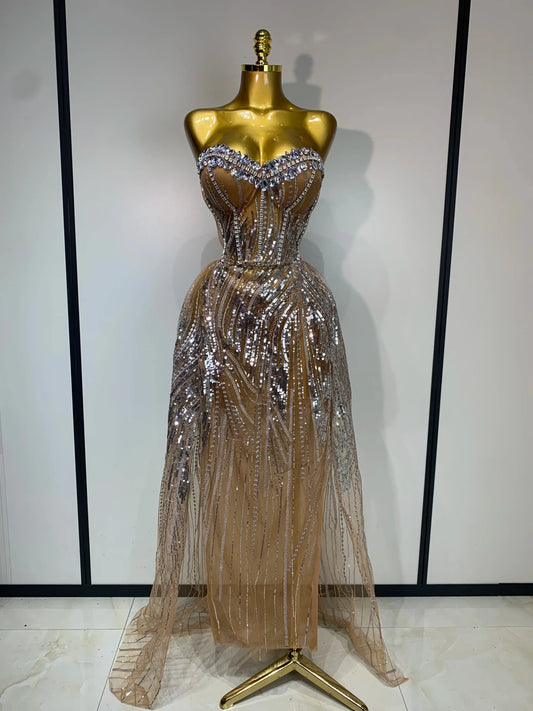 Women Sexy Strapless Mesh See Through Crystal Maxi Dress Evening Party Singer Stage Performance Costume Luxury Birthday Dress camel