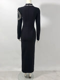 2024 Elegant Women's Light Luxury Diamond Design Bandage Dress with Stand Collar Long Sleeve Bodycon Split Length Dress Vestidos