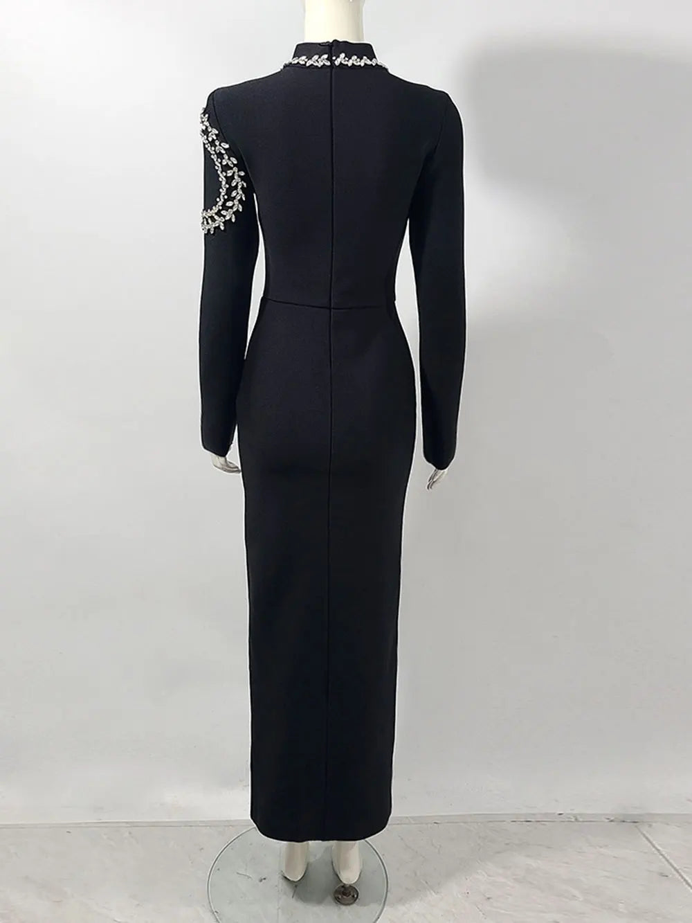 2024 Elegant Women's Light Luxury Diamond Design Bandage Dress with Stand Collar Long Sleeve Bodycon Split Length Dress Vestidos