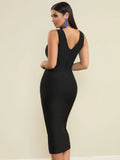 2025 Elegant Women's Water Diamond Button Design Bandage Dresses Camisole Sleeveless Bodycon Split Medium Length Dress Vestidos