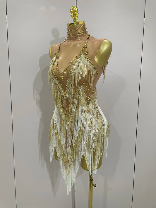 Women Sexy Stretch Mesh Sparkly Rhinestone Tassels Mini Dress Nightclub Singer Dance Stage Costume Evening Gowns