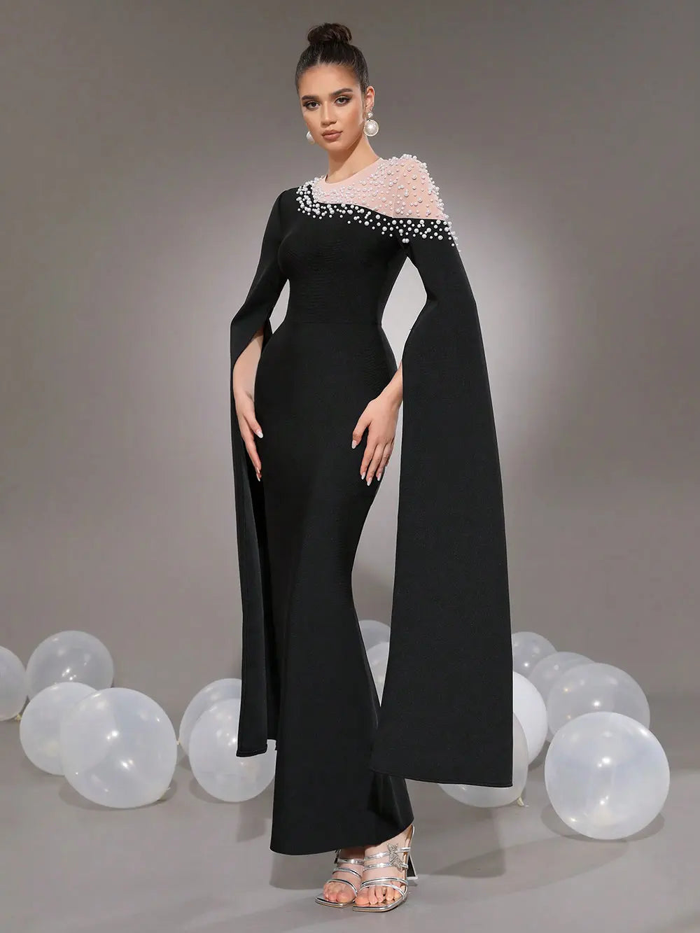 2025 Elegant Women Light Luxury Nail Bead Patchwork Bandage Dress O-Neck Extra Long Sleeve Bodycon Long Dress Club Party Vestido