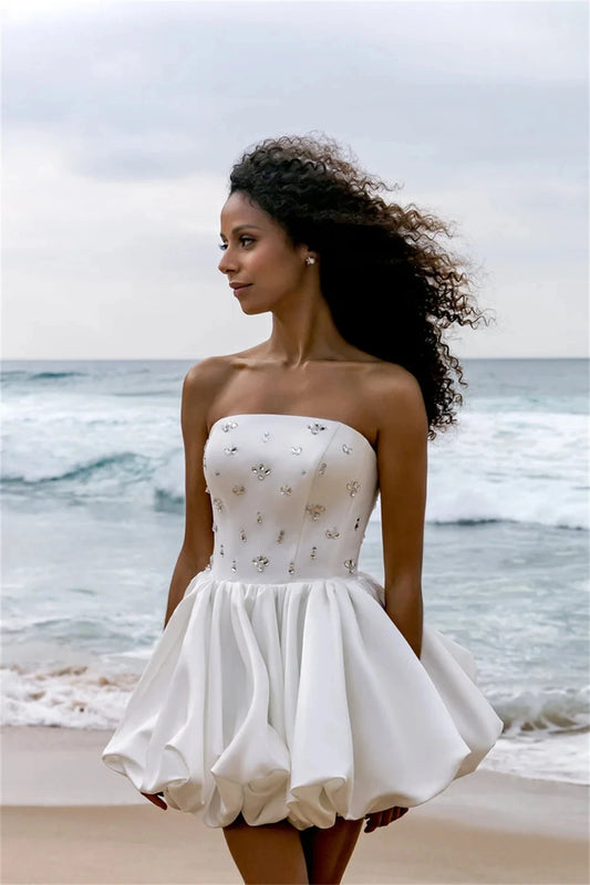 New Arrival Short Beach Wedding Dress Strapless Crystal Lace Up Satin Mini Bridal Party Gowns Vestidos De Noiva