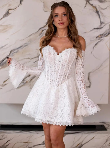 Elegant Short Lace Wedding Dress 2026 Off The Shoulder Bell Sleeves Mini Bride Bridal Party Gowns Beach Vestidos De Noiva