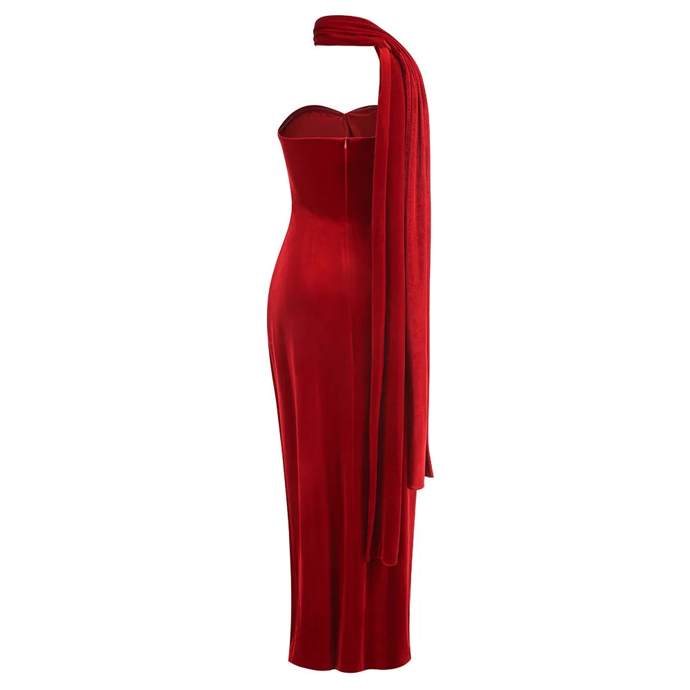 New Spring Women Sexy Strapless Velvet Bodycon Long Dress Celebrate Fashion Evening Party Cocktail Outfit