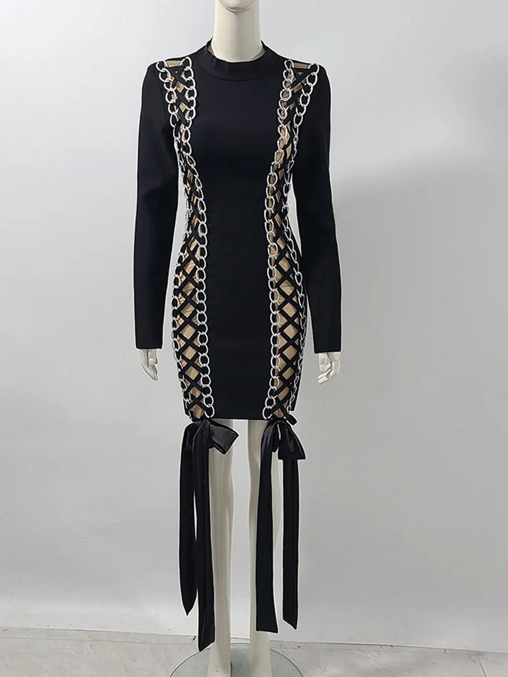 2024 Women's Sexy Drawstring Strap Bandage Dress O-neck Long Sleeve Bodycon Mini Dress Cocktail Evening Party Vestidos